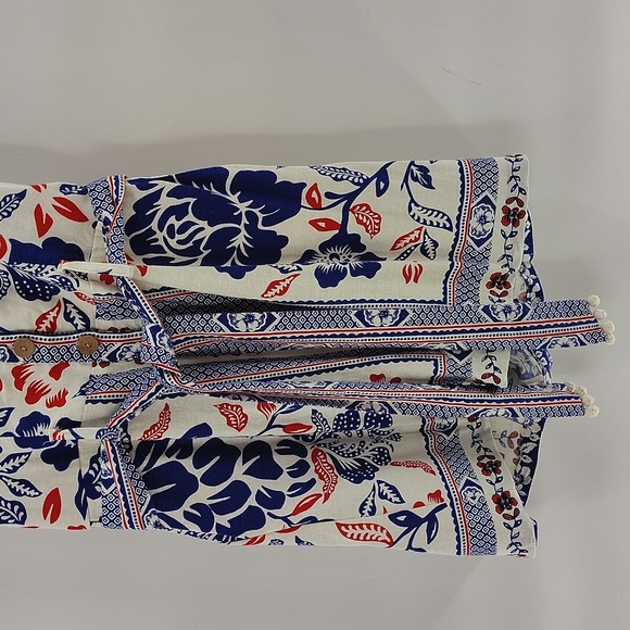 Rachel Zoe Red White Blue Linen Blend Romper Size 8 Button Down Neck Tie - Picture 3 of 10